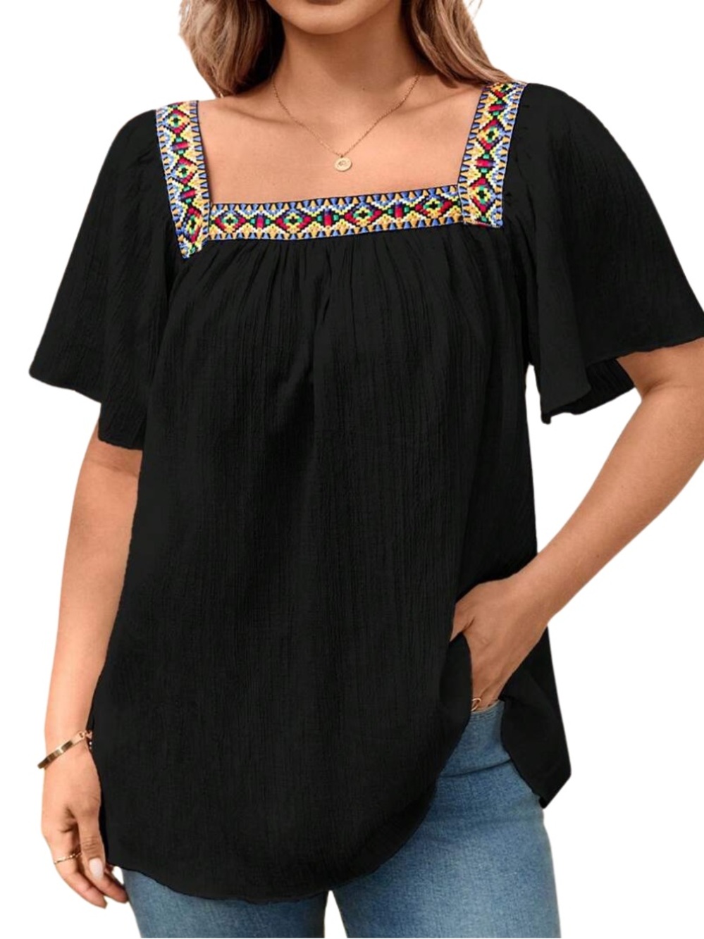 Colorful Embroidered Flare Sleeve Top Womens XL Black Boho Retro Square Neck